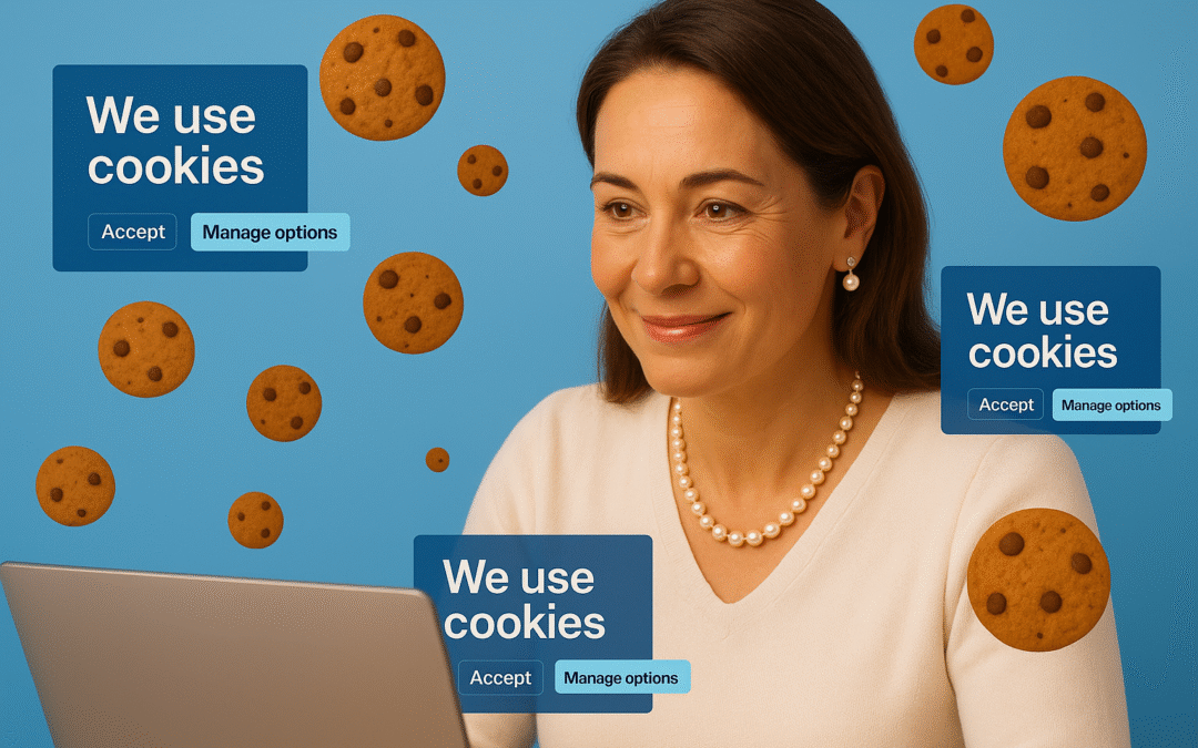 Frau am Computer, umgeben von Keksen und Text We use Cokies | Digitale Sicherheit, Vertrauen und DSGVO