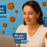 Frau am Computer, umgeben von Keksen und Text We use Cokies | Digitale Sicherheit, Vertrauen und DSGVO