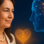 KI als Resonanzraum. Mensch im Resonanzraum mit KI – Herzsymbol als Spiegel für Bewusstsein und Transformation